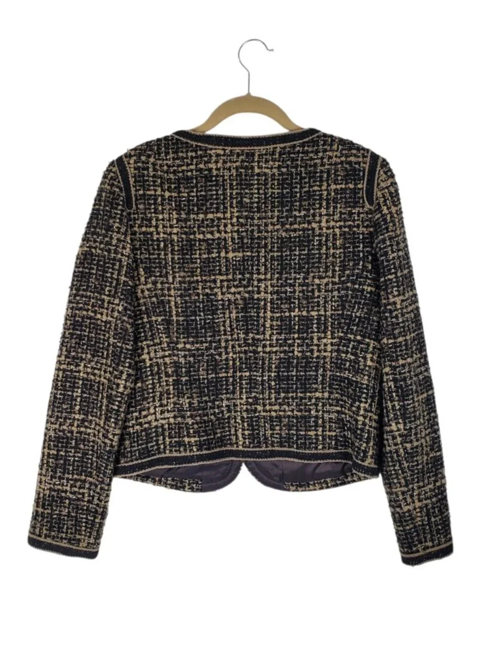 Trina Turk Black & Tan Tweed Boucle Blazer Classic Crew Neck Jacket Womens 8